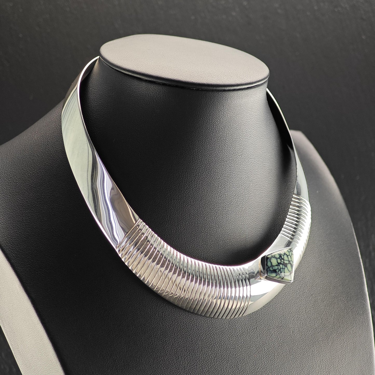 Native Green Variscite, Spiderweb Choker Necklace Sterling Silver Collar N2570