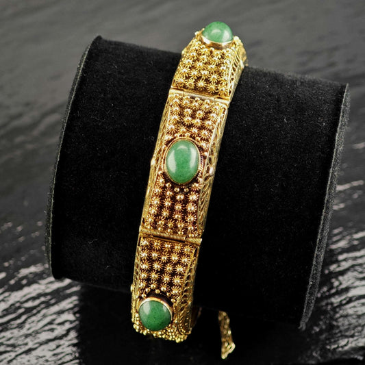 Chinese Export Quartzite Jade Gold Gilded Hinged Bangle Sterling Silver Sz 7 1/4" BR3170