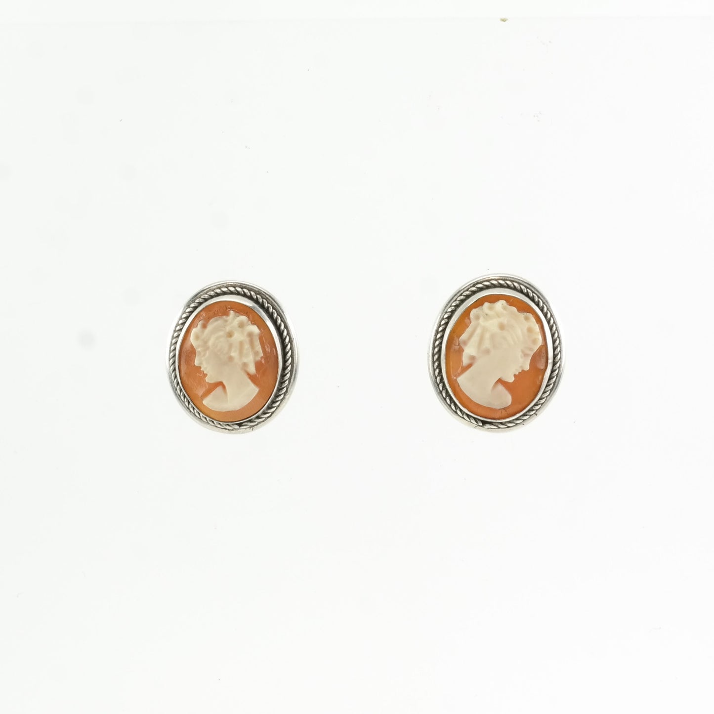 Vintage Sterling Silver Orange Cameo Portrait Earrings Stud