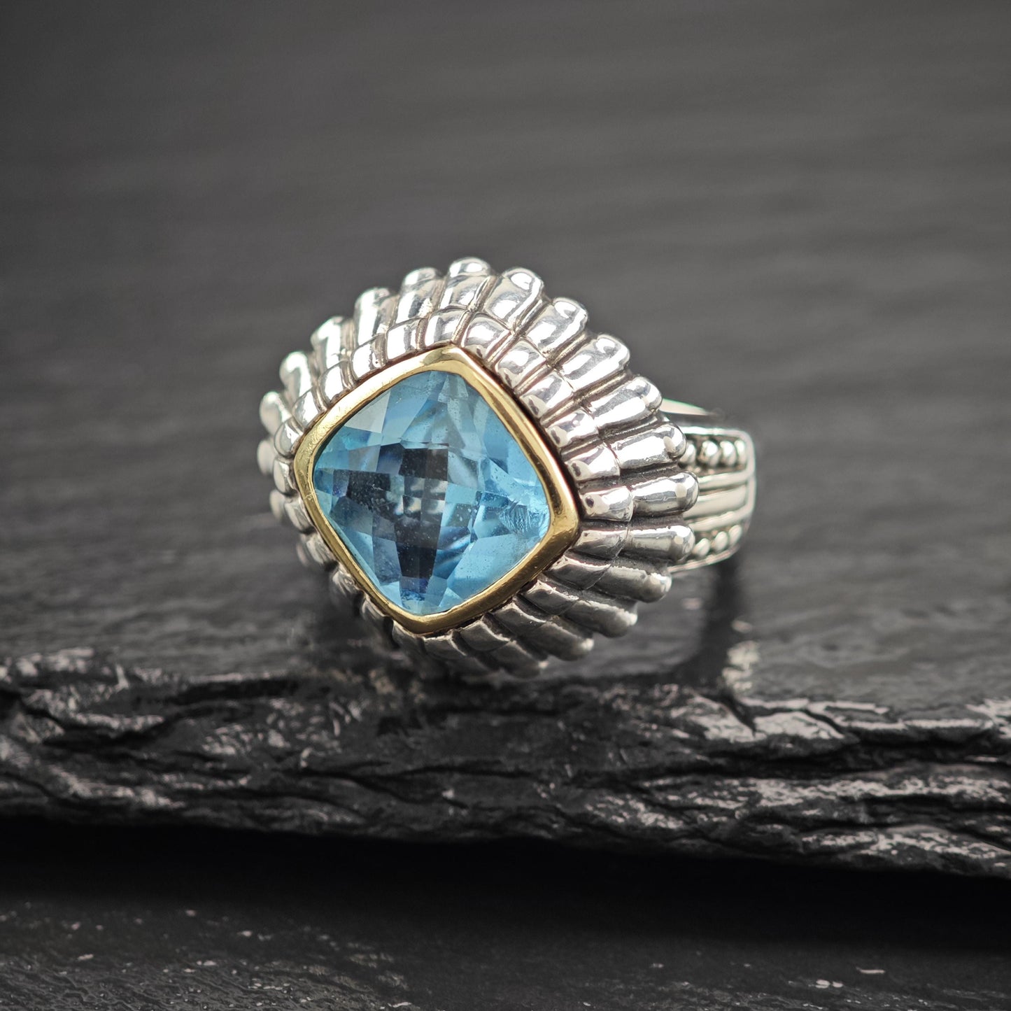 Blue Topaz Silver Ring 14K Gold Bezel Sterling