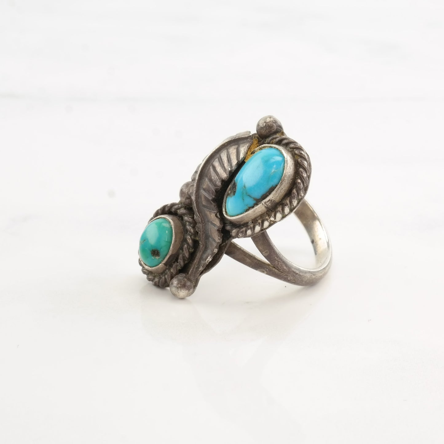 Native American Silver Ring Turquoise Leaf Double Stone Sterling Size 7 1/2