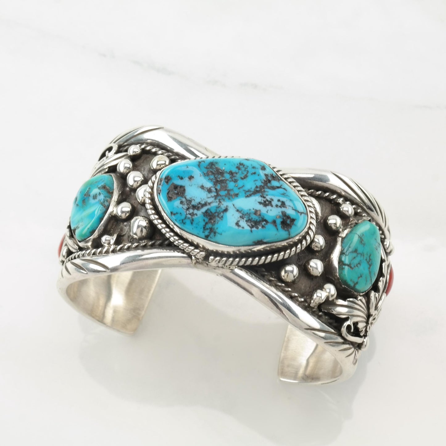 Native American Cuff Bracelet Sterling Silver Turquoise Coral Platero Navajo