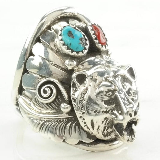 Vintage Native American Silver Ring Turquoise, Coral Bear Sterling Blue, Red Size 11 1/