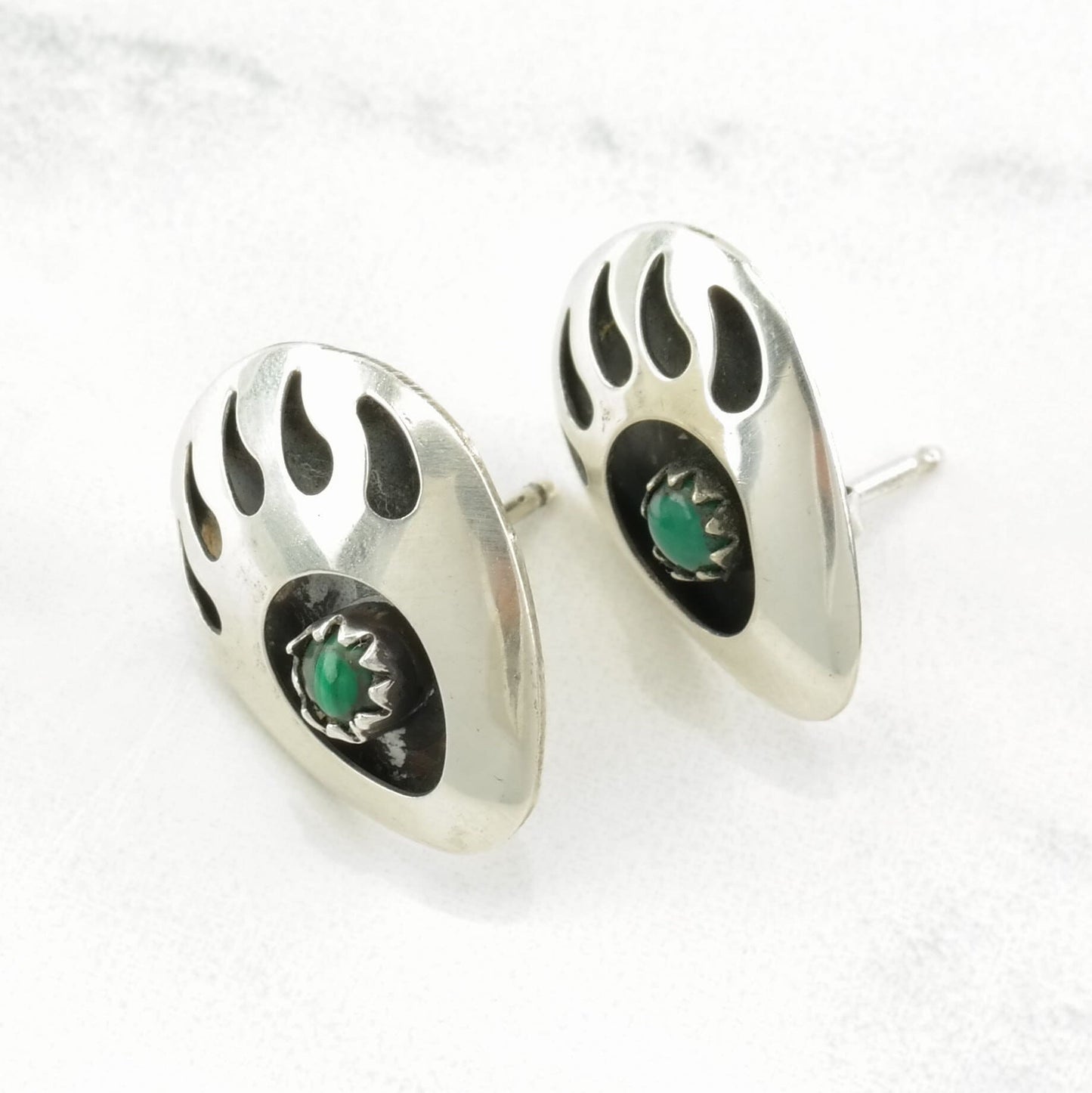 Southwest Sterling Silver Malachite Bear Paw Earrings Stud