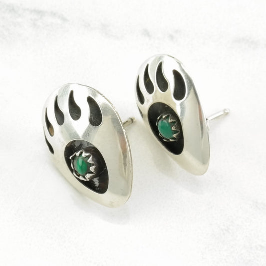 Southwest Sterling Silver Malachite Bear Paw Earrings Stud