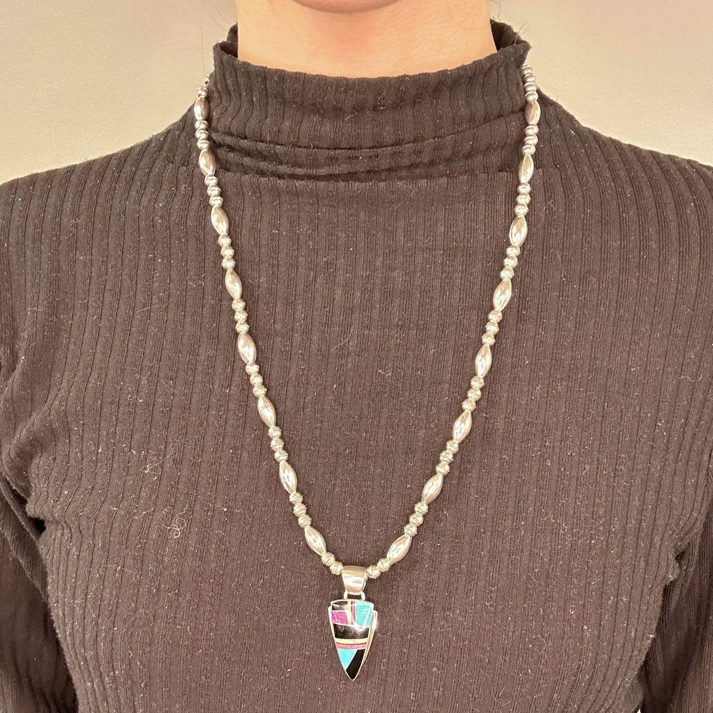 Native American Sterling Silver Blue, Black Turquoise, Onyx, Opal Inlay Necklace