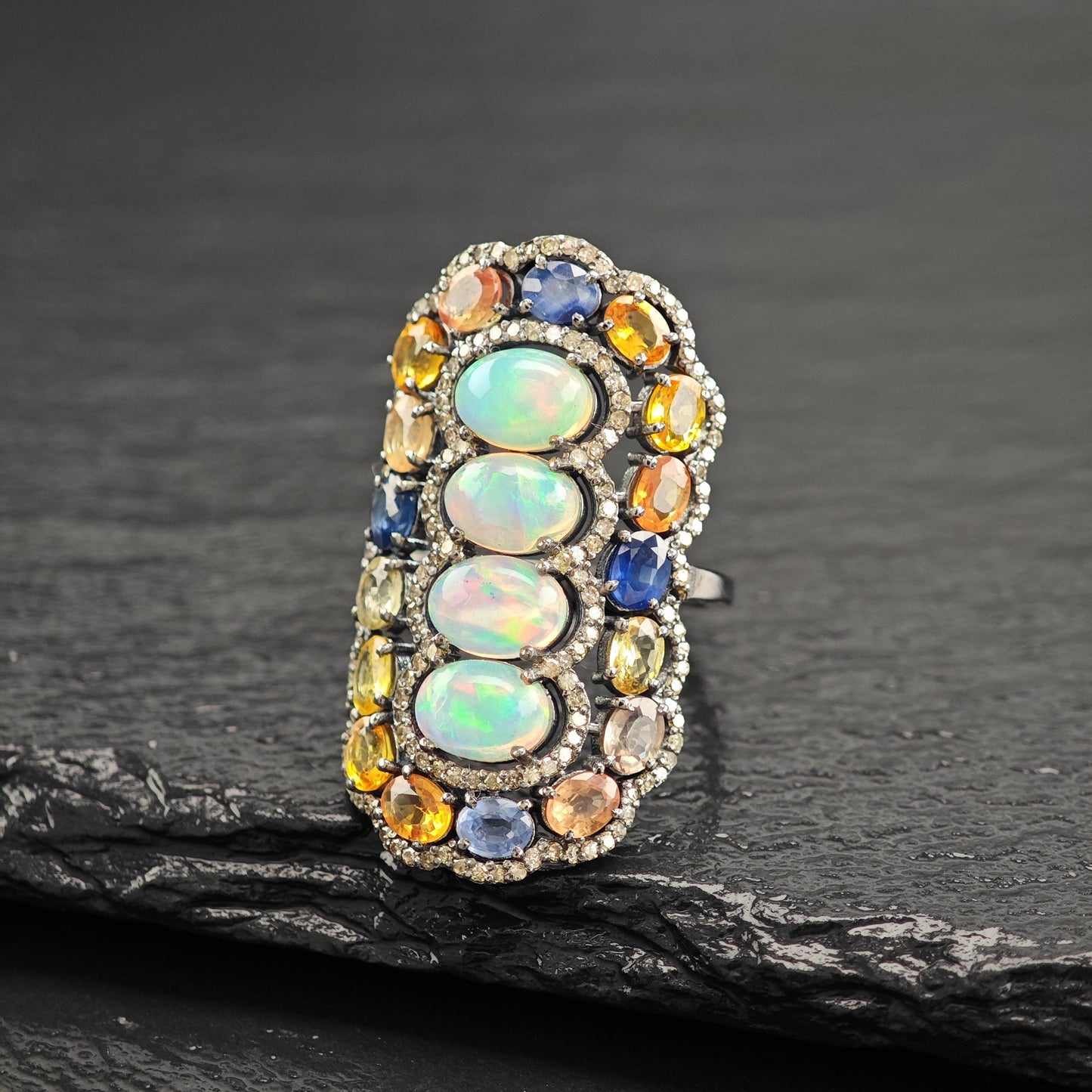 Oxidized Diamond, Opal, Sapphire Sterling Silver Ring R5799