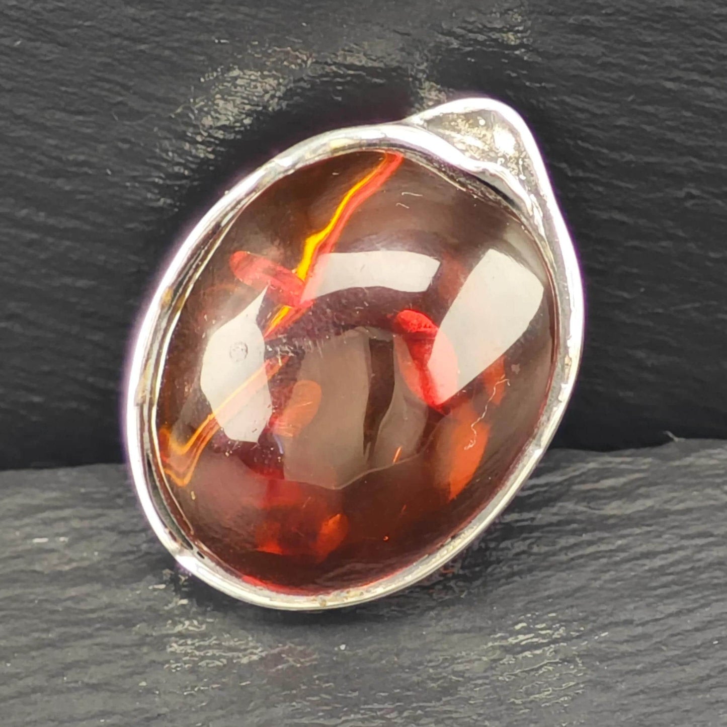 Vintage European Sterling Silver Brooch Oval Orange Natural Amber