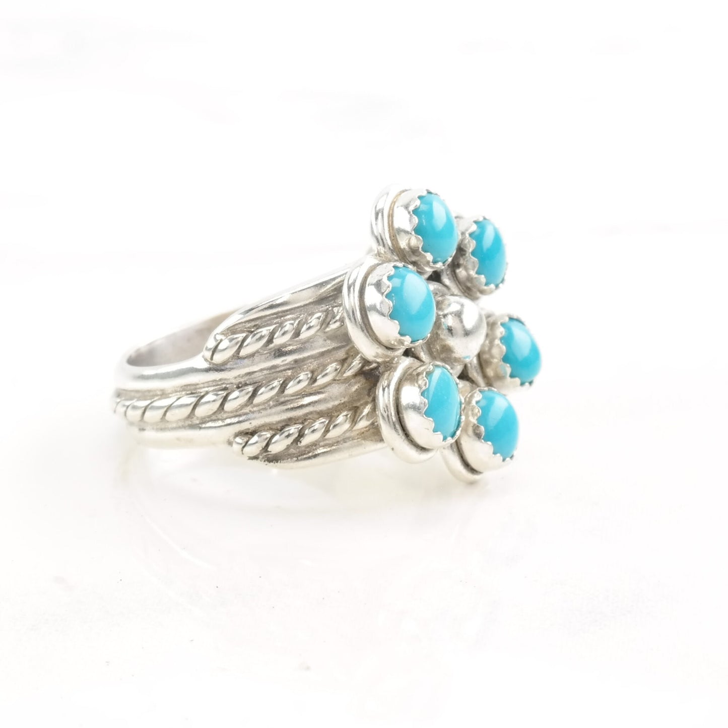 Southwest Silver Ring Turquoise Cluster Flower Size 6 1/2