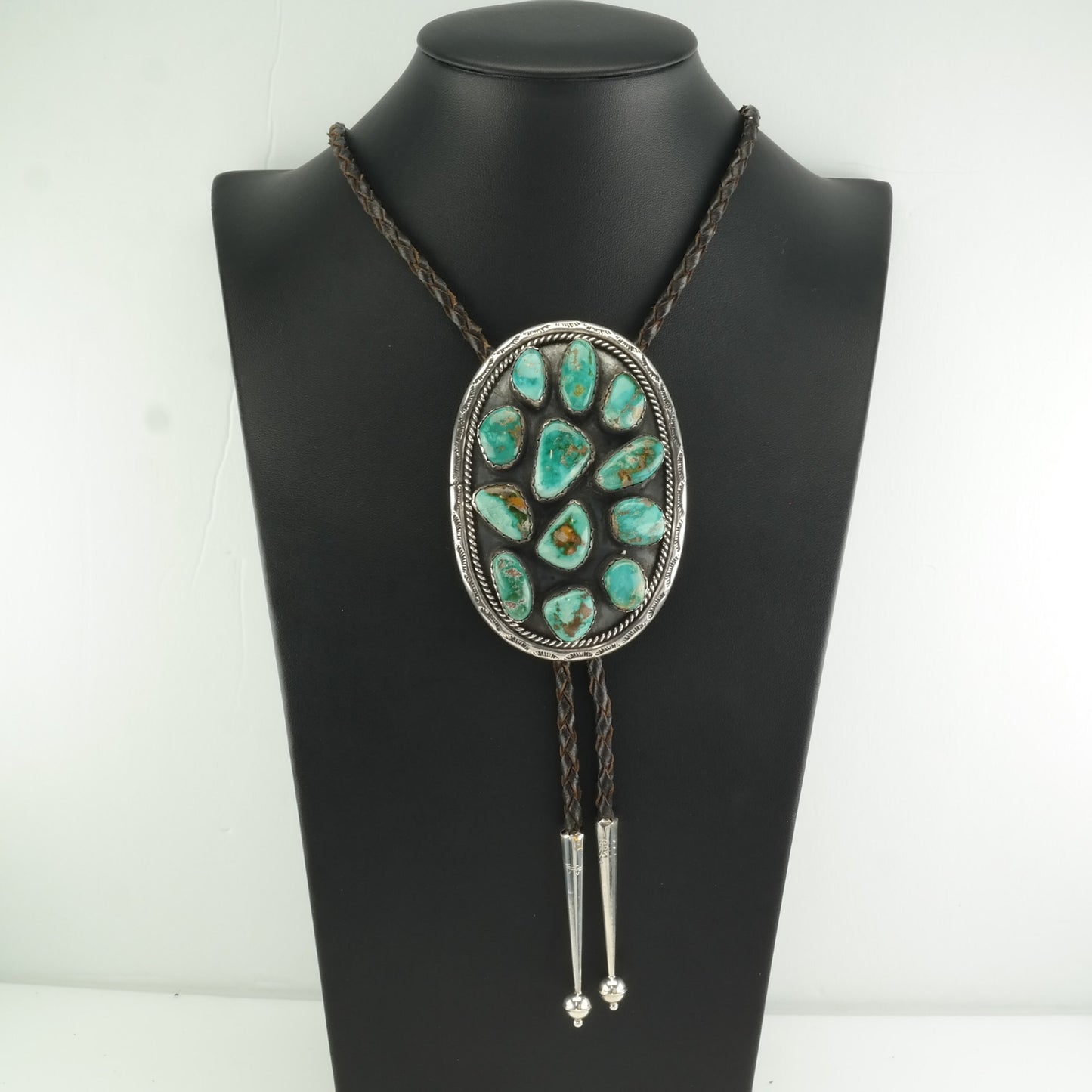 Green Turquoise Bolo Tie Sterling Silver Cluster Necklace