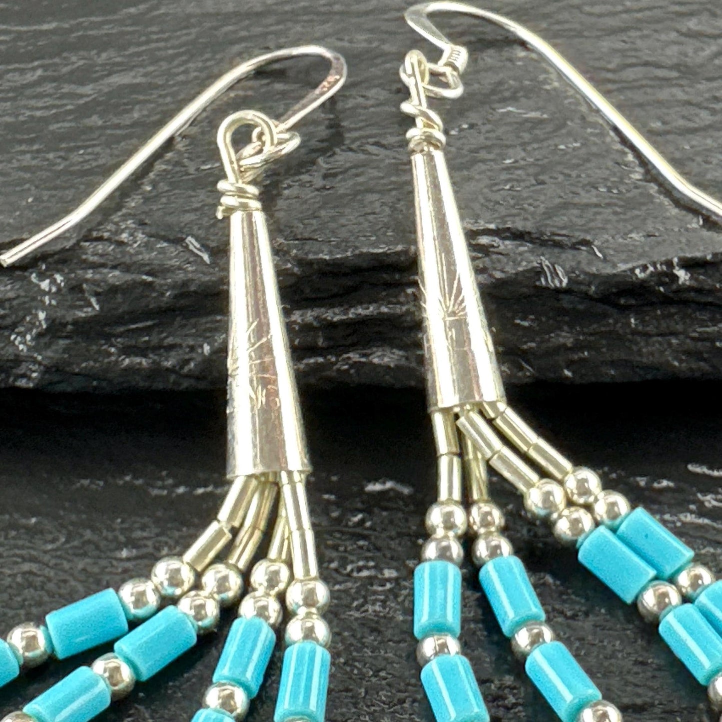 Southwestern Blue Block Liquid Turquoise Bead Earrings Sterling Silver Dangle Fish Hook