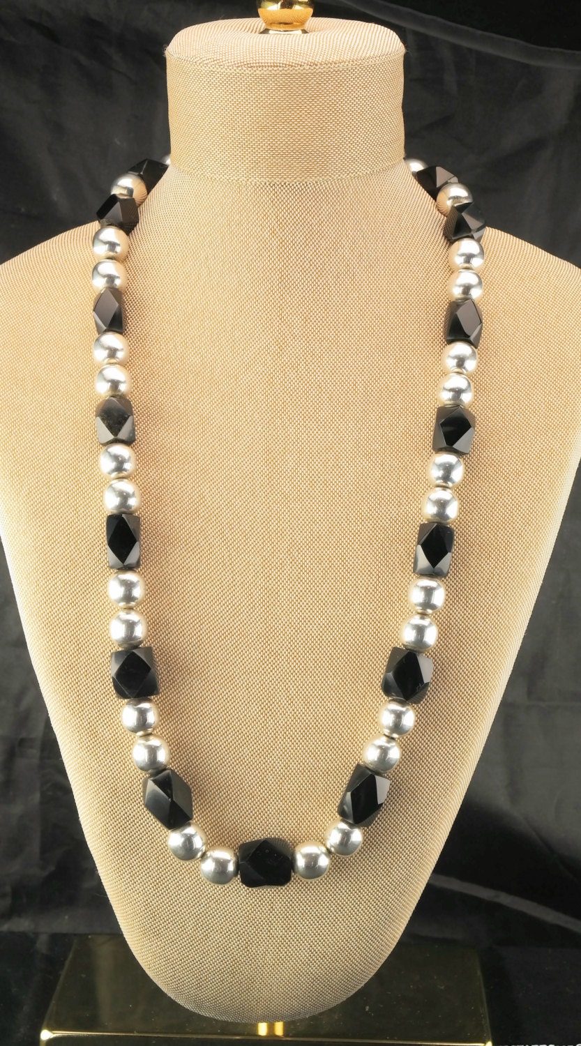 Sterling Silver Jose Marmolejo Elongated Cable Onyx Bead Necklace 25"