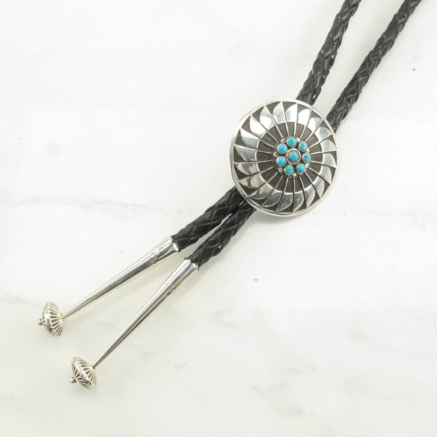 Vintage Native American Sterling Silver Blue Turquoise, Cluster Overlay Bolo Tie Necklace