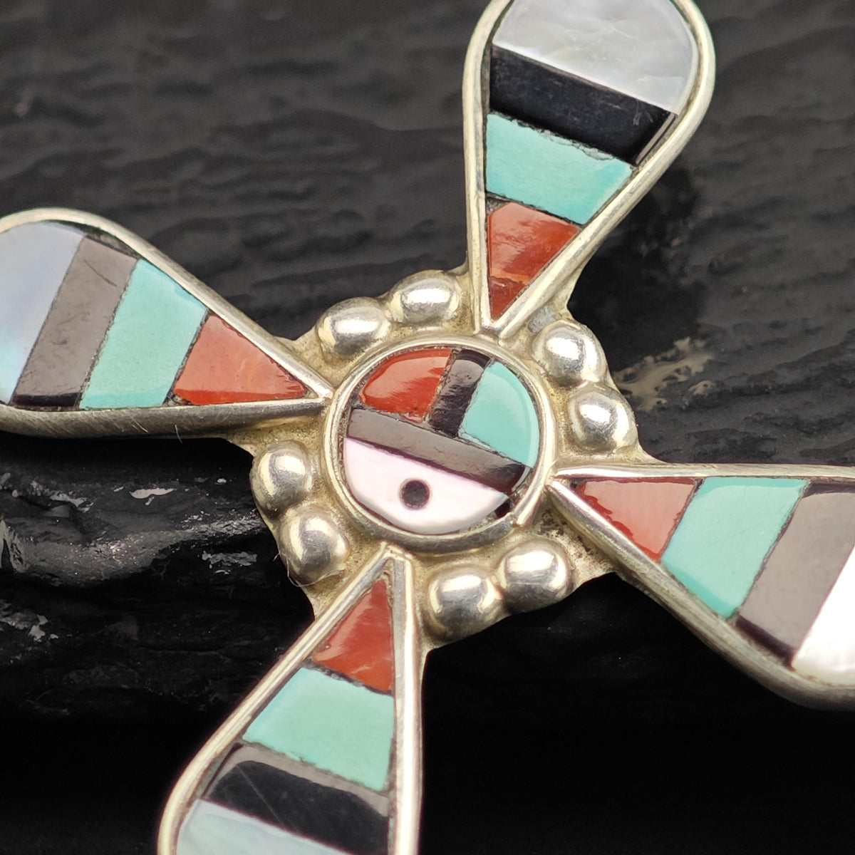 Zuni Sunface Multistone Inlay Cross Sterling Silver Pendant P3139