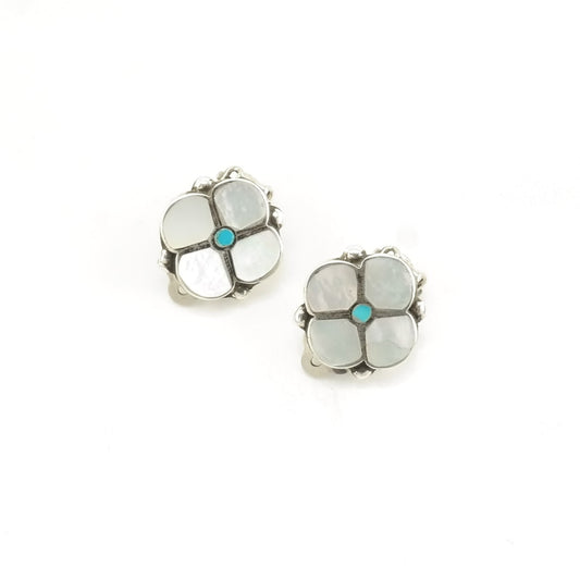 Native American Sterling Silver Iridescent, Blue MOP, Turquoise Floral Inlay Earrings Clip on