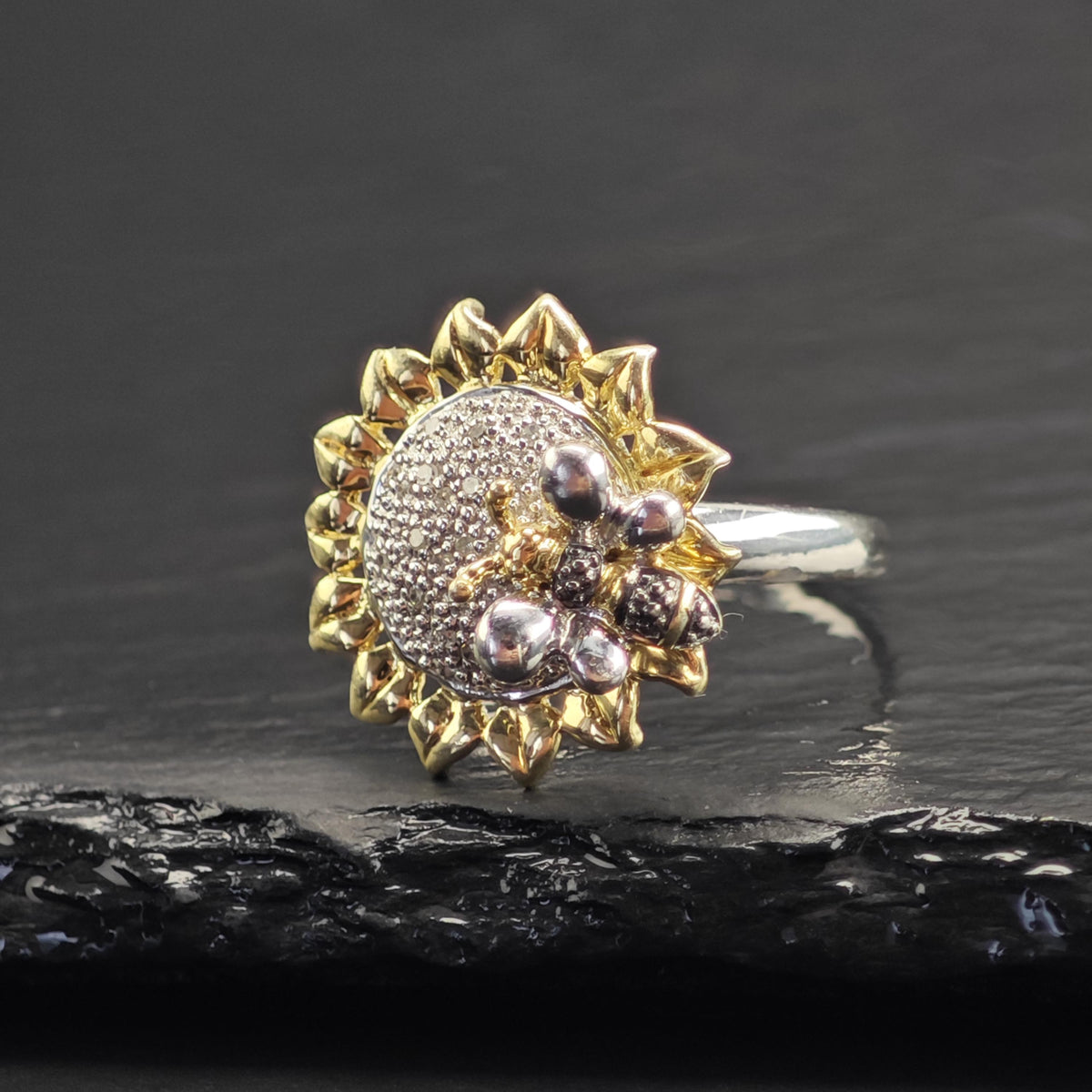 Diamond Flower Bee Gold-Plated Accent Sterling Silver Ring Sz 8 3/4 R6734
