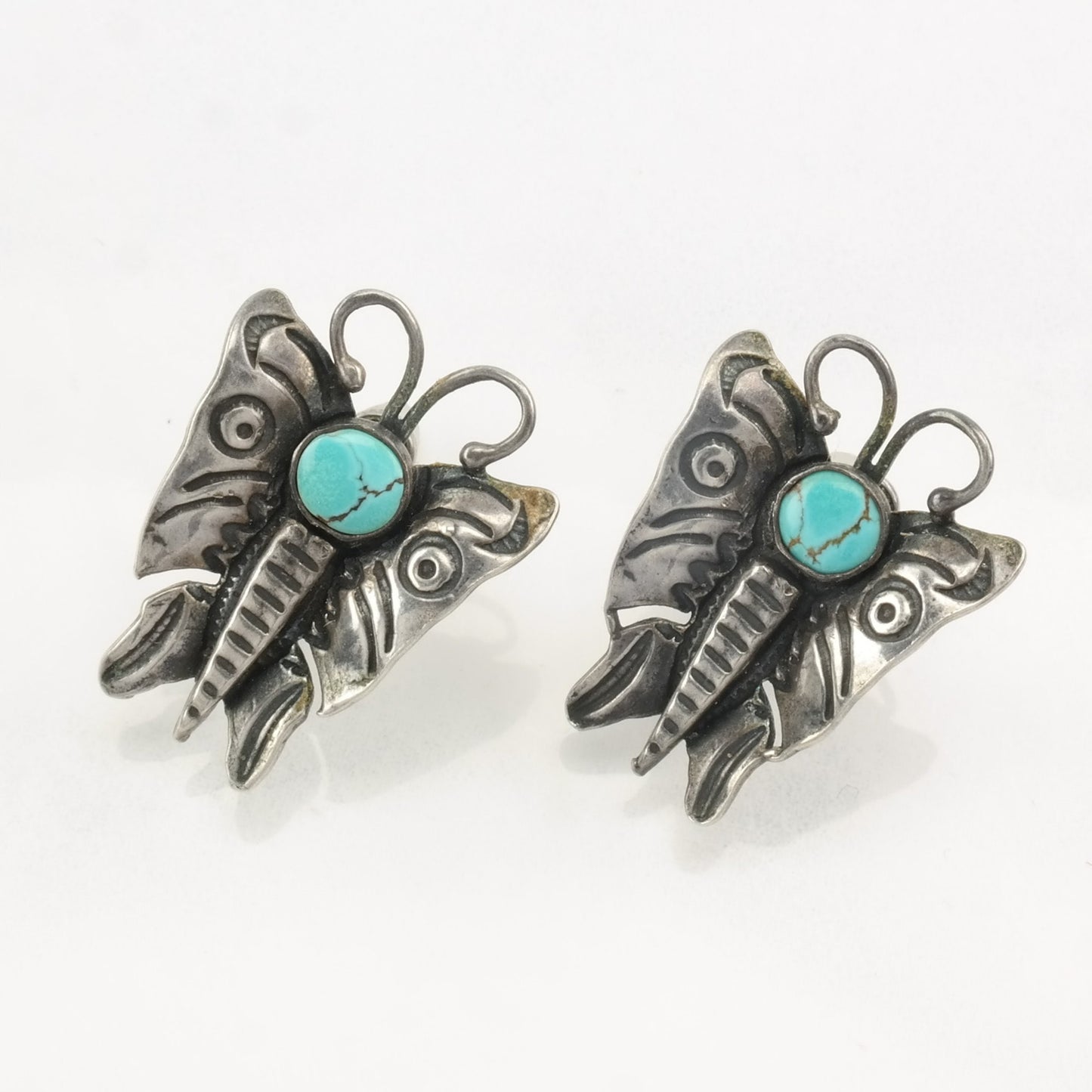 Native American Sterling Silver Blue Turquoise Butterfly Earrings Screwback