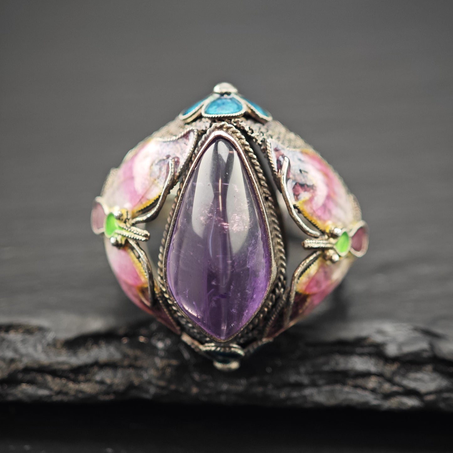 Chinese Export Amethyst, Enamel, Ring Flower Sterling Silver Sz 9