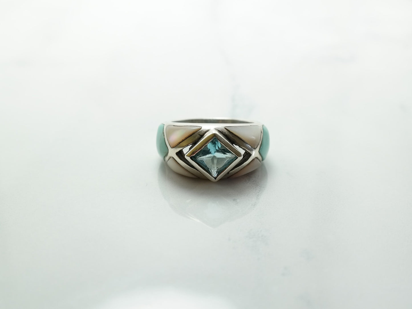 Vintage Sterling Silver Ring CZ Turquoise MOP Size 5