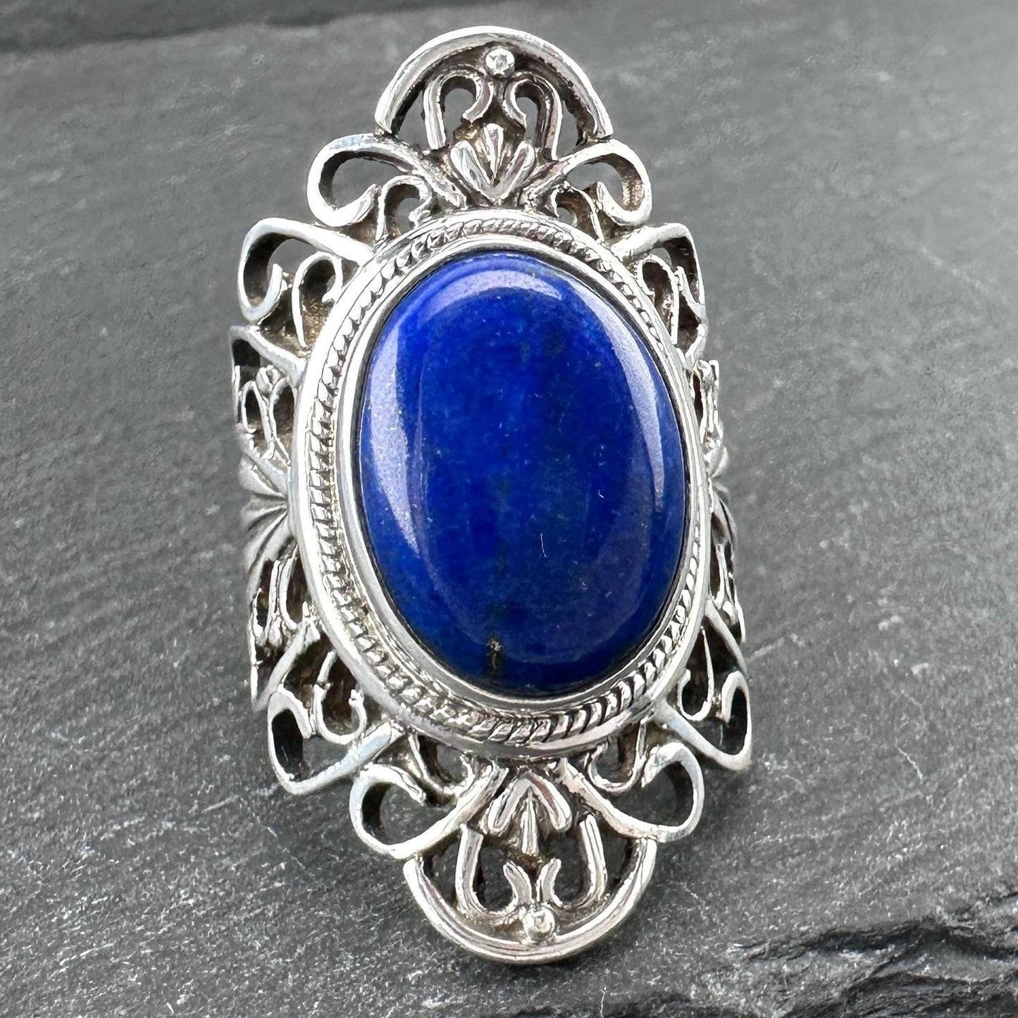 Vintage Lapis, Filigree Ring Sterling Silver