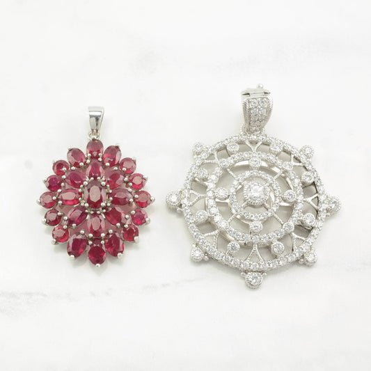 Vintage Ruby, CZ Cluster Sterling Silver Pendant