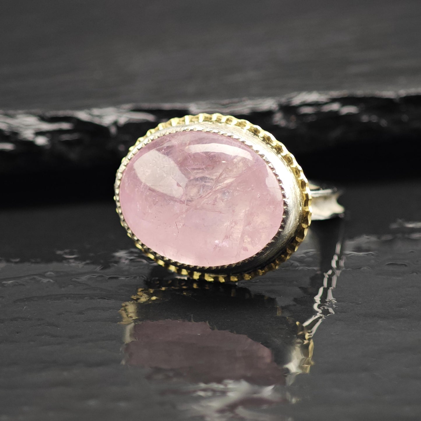 Oval Rose Quartz 18K Gold Accent Sterling Silver Ring Sz 6 1/4 R6705
