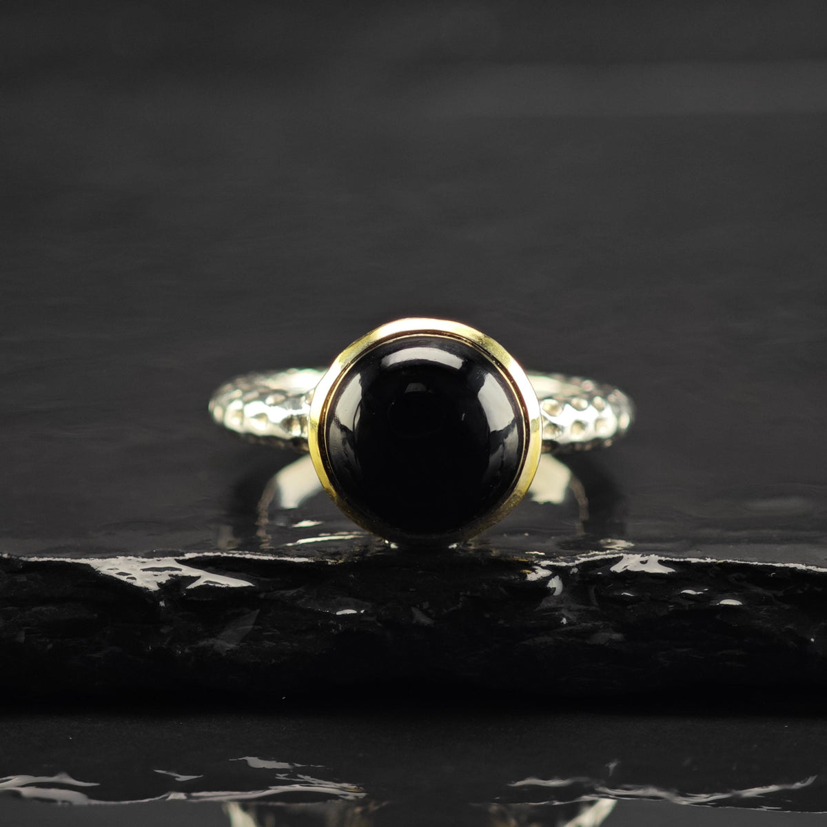 Vintage Midas Onyx 14K Gold Bezel Sterling Silver Ring Sz 7 R6859