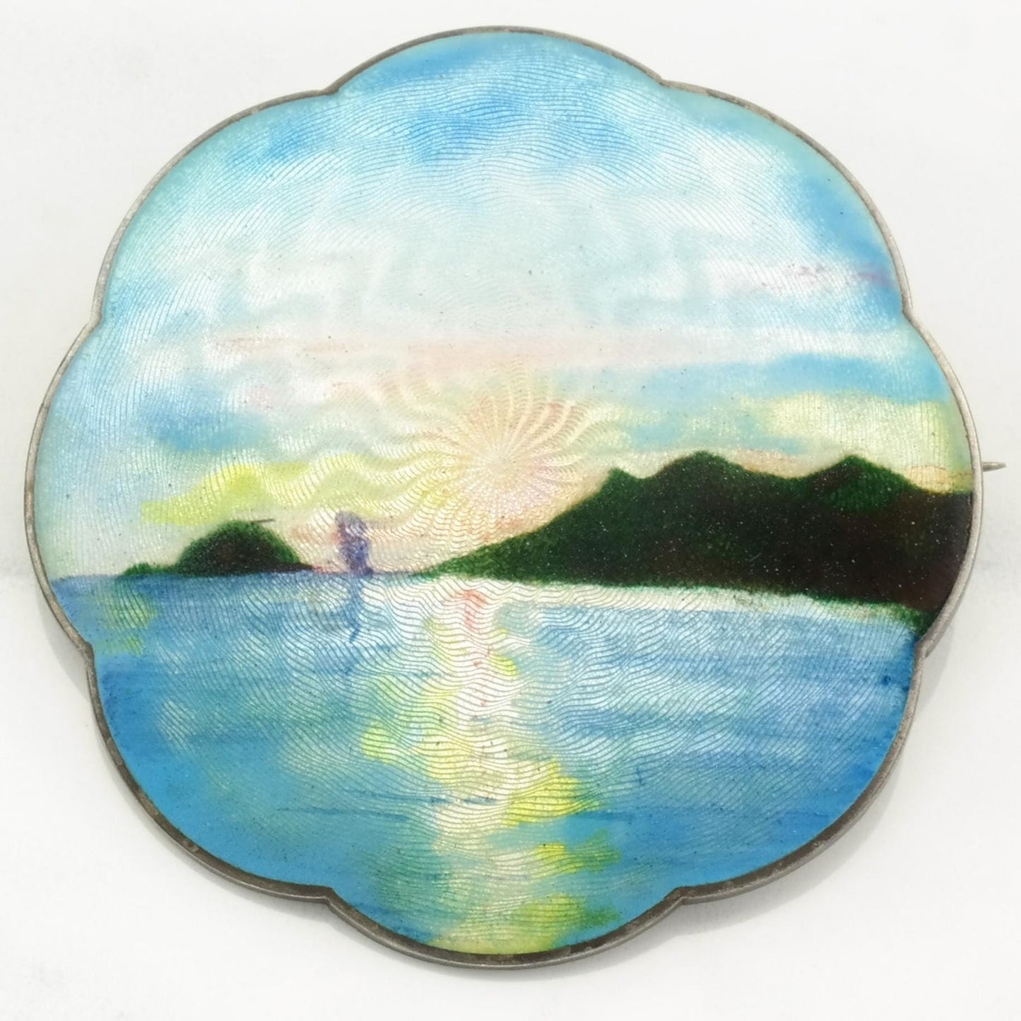 Gustav Gaudernack Sterling Silver Brooch Sunrise, Water, Scene Enamel