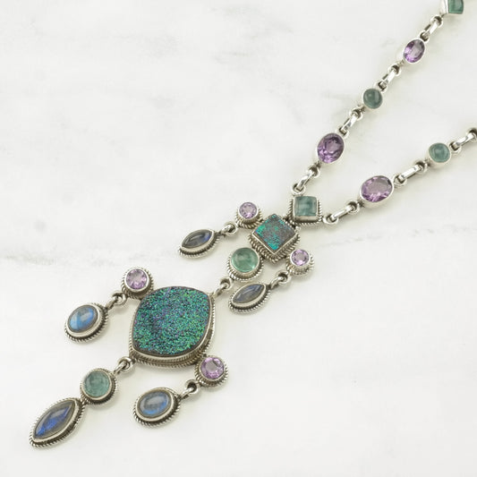 Nicky Butler Dangle Necklace Sterling Silver Purple, Green Labradorite, Amethyst, Druzy