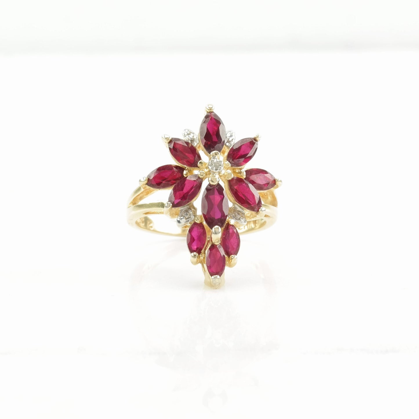 Sterling Silver Ring Lab Ruby, Diamond Chip Cluster Pink Size 6 3/4