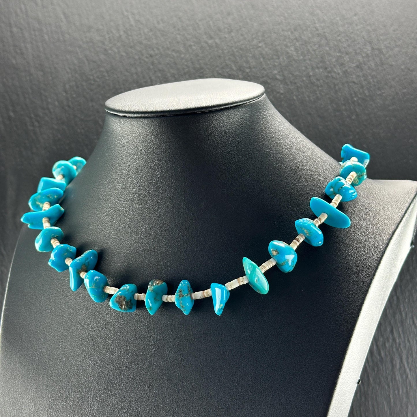 Sterling Silver Heishi Necklace with Blue Turquoise N2574