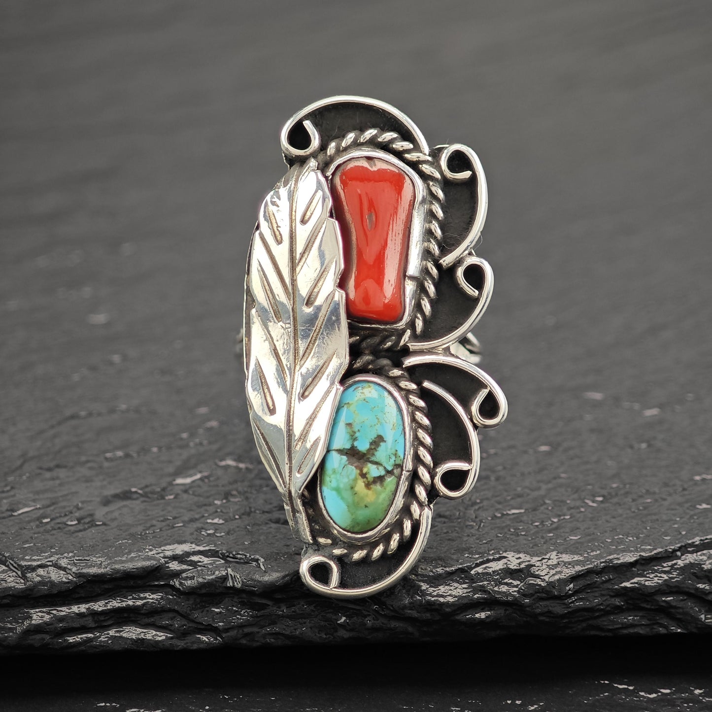 Turquoise Coral Ring Sterling Silver Native American R5826
