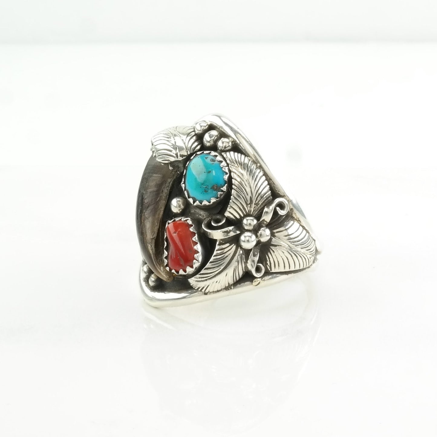 Native American Silver Ring Turquoise, Coral, Coyote Claw Leaf Sterling Blue, Red Size 12 1/2