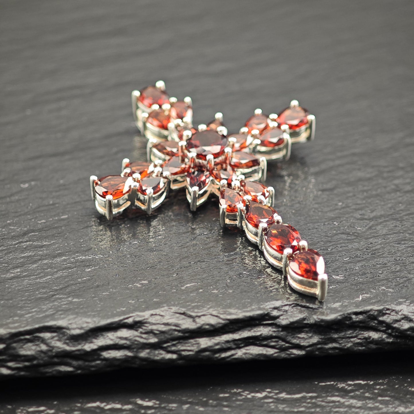 Vintage Garnet Cross Pendant Sterling Silver