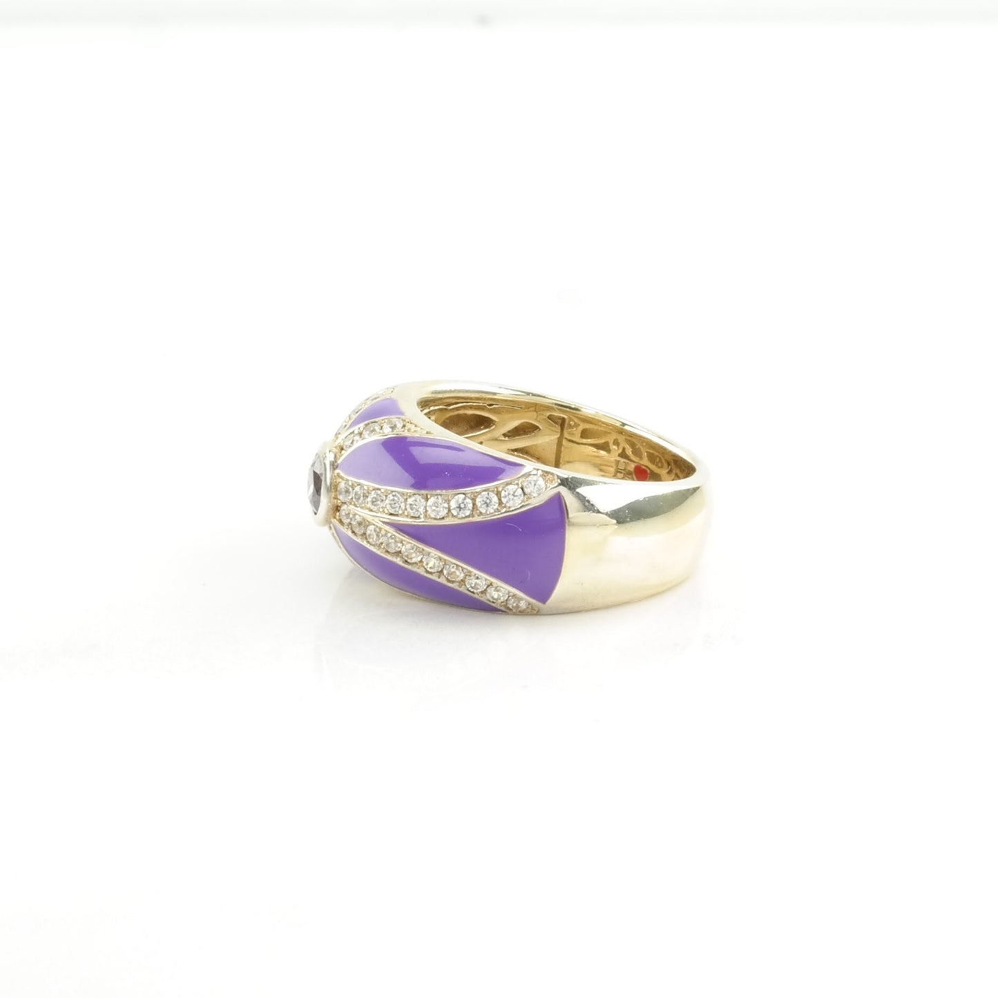 Sterling Silver Ring CZ, Enamel Striped Purple Size 6