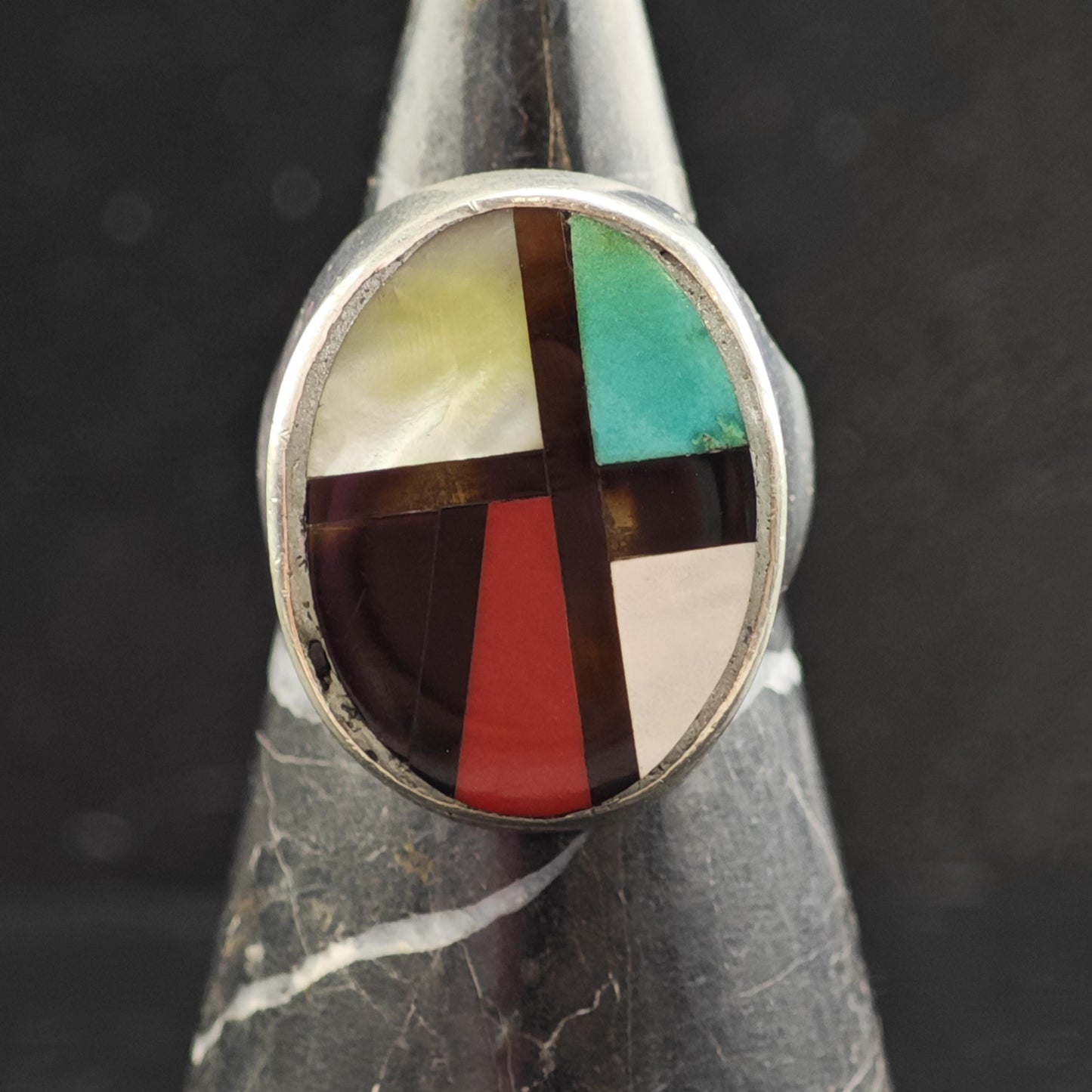 Large Native American Inlay Sterling Silver Ring Sz 12