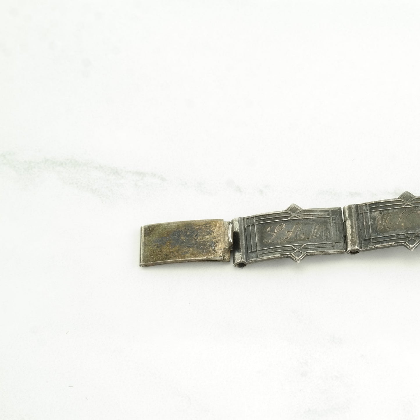 Memorial Antique, 1915 Sterling Silver Line Bracelet Engraved, Initials