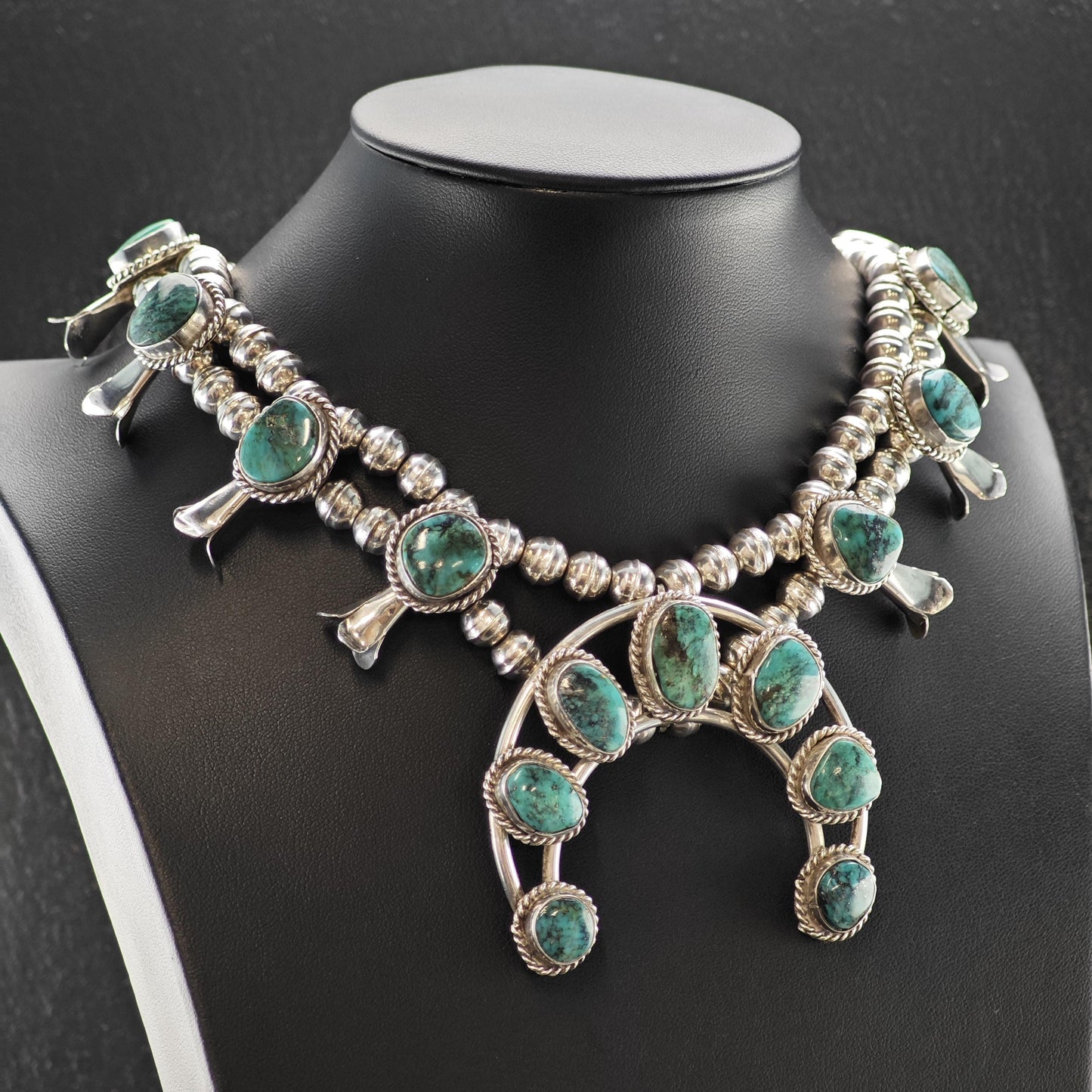 Sw Sterling Silver Blue Turquoise Squash Blossom Necklace 25"