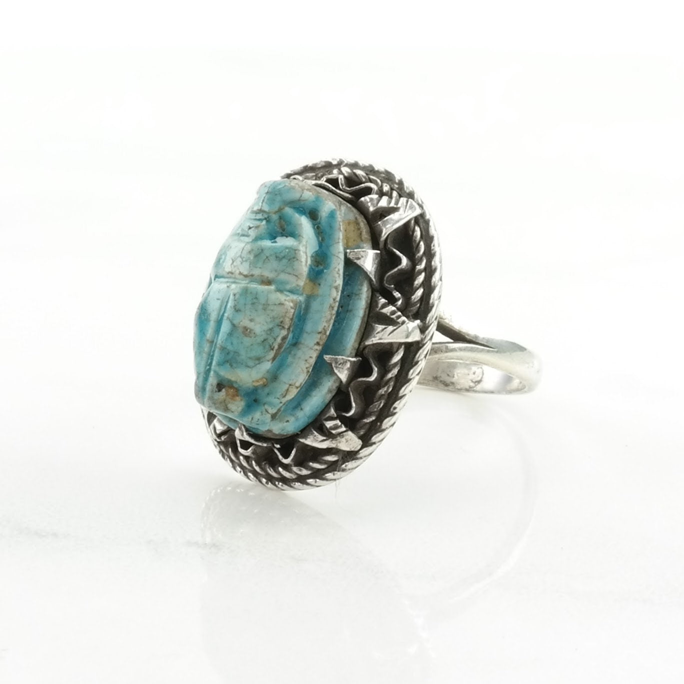 Archeological Revival Silver Ring Wood Carved Scarab Sterling Blue Size 7