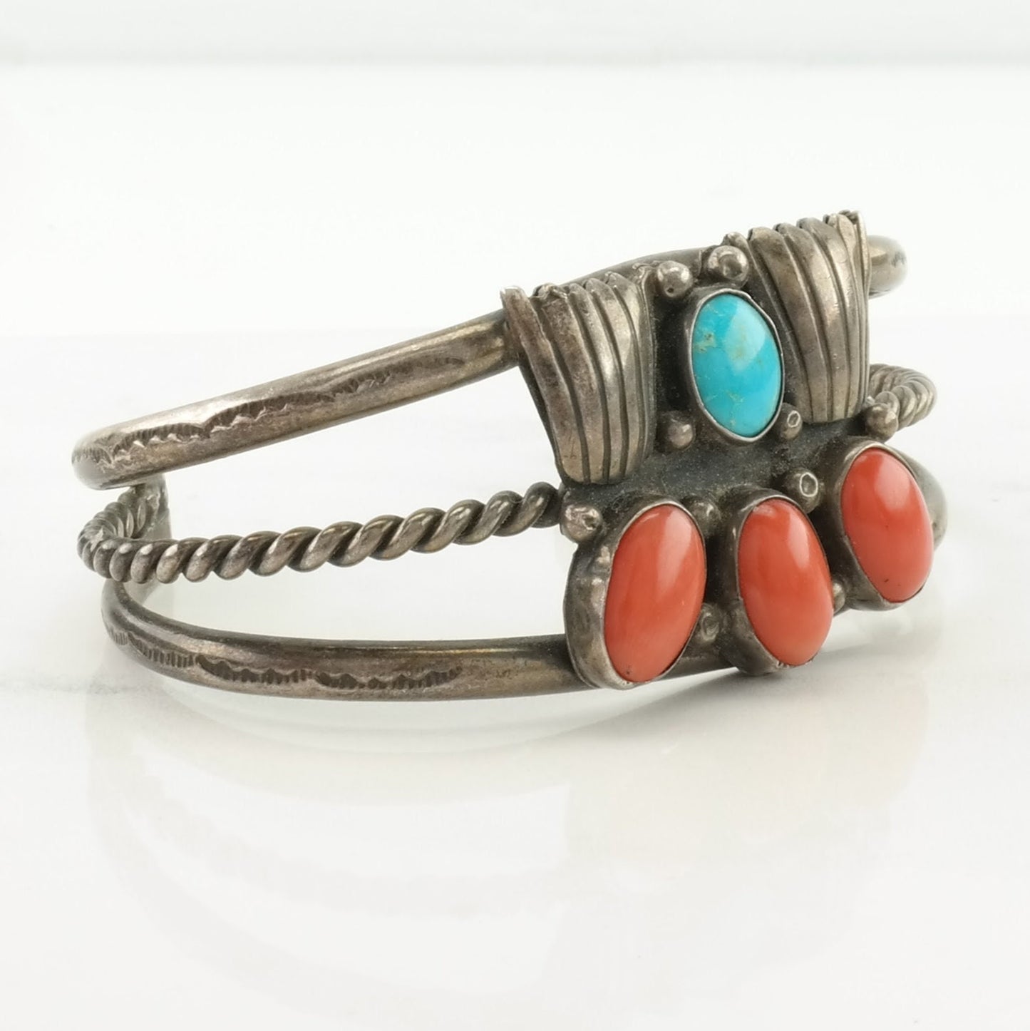 Native American Sterling Silver Cuff Bracelet Red, Blue Coral, Turquoise