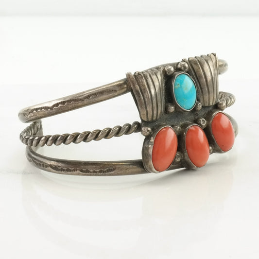 Vintage Native American Sterling Silver Cuff Bracelet Red, Blue Coral, Turquoise