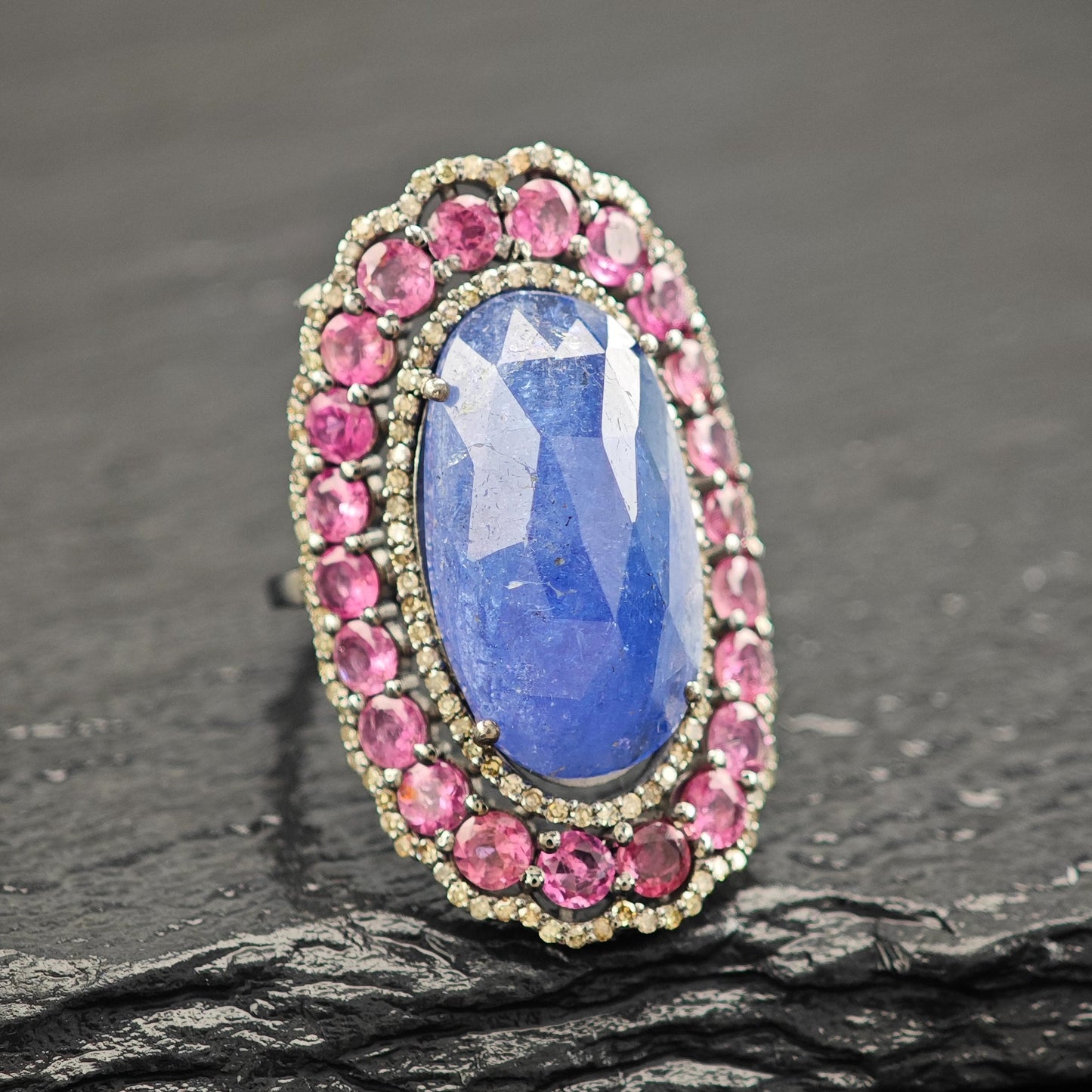 Lg Tanz Dia Ring with Tourmaline in Oxidized Silver R5805