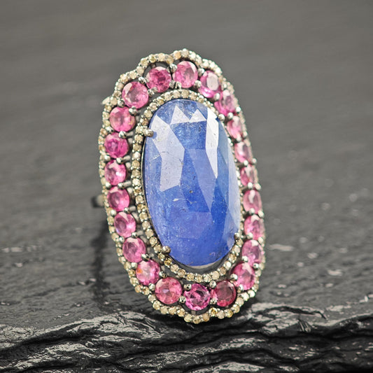 Lg Tanz Dia Ring with Tourmaline in Oxidized Silver R5805