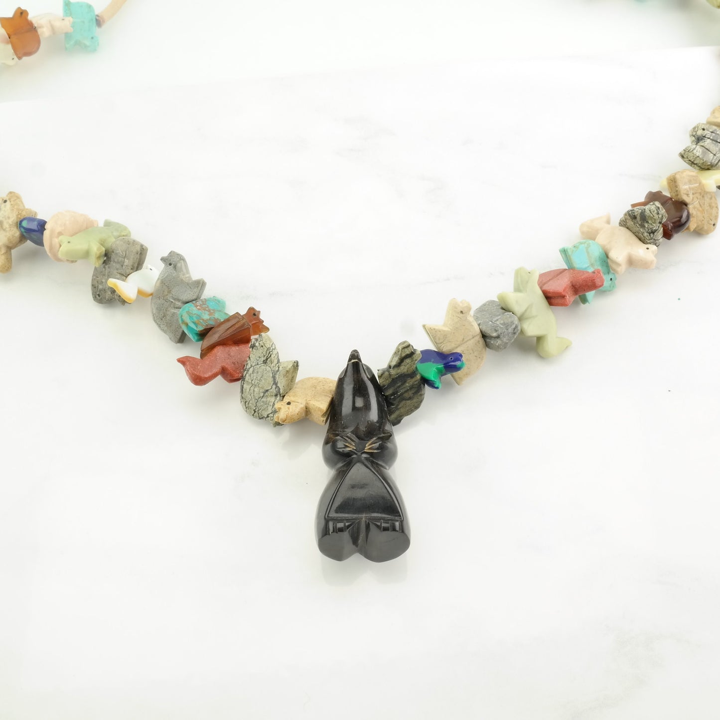 Southwest Style Turquoise, MOP, Coral, Onyx Bear, Animal Carvings Heishi Necklace