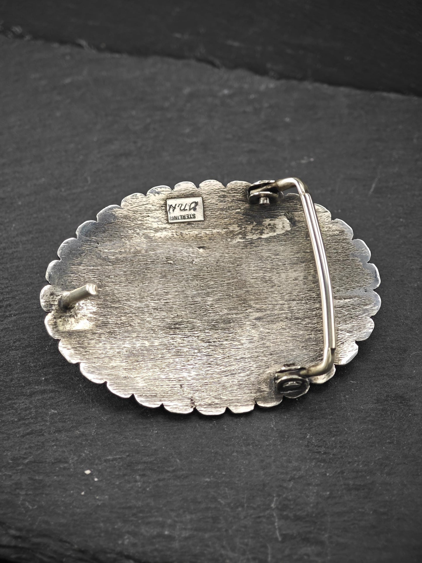 Signed Native American, Tufa Cast Belt Buckle Sterling Silver