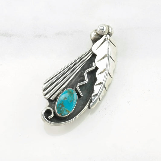 Native American Sterling Silver Brooch Leaf Blue Turquoise