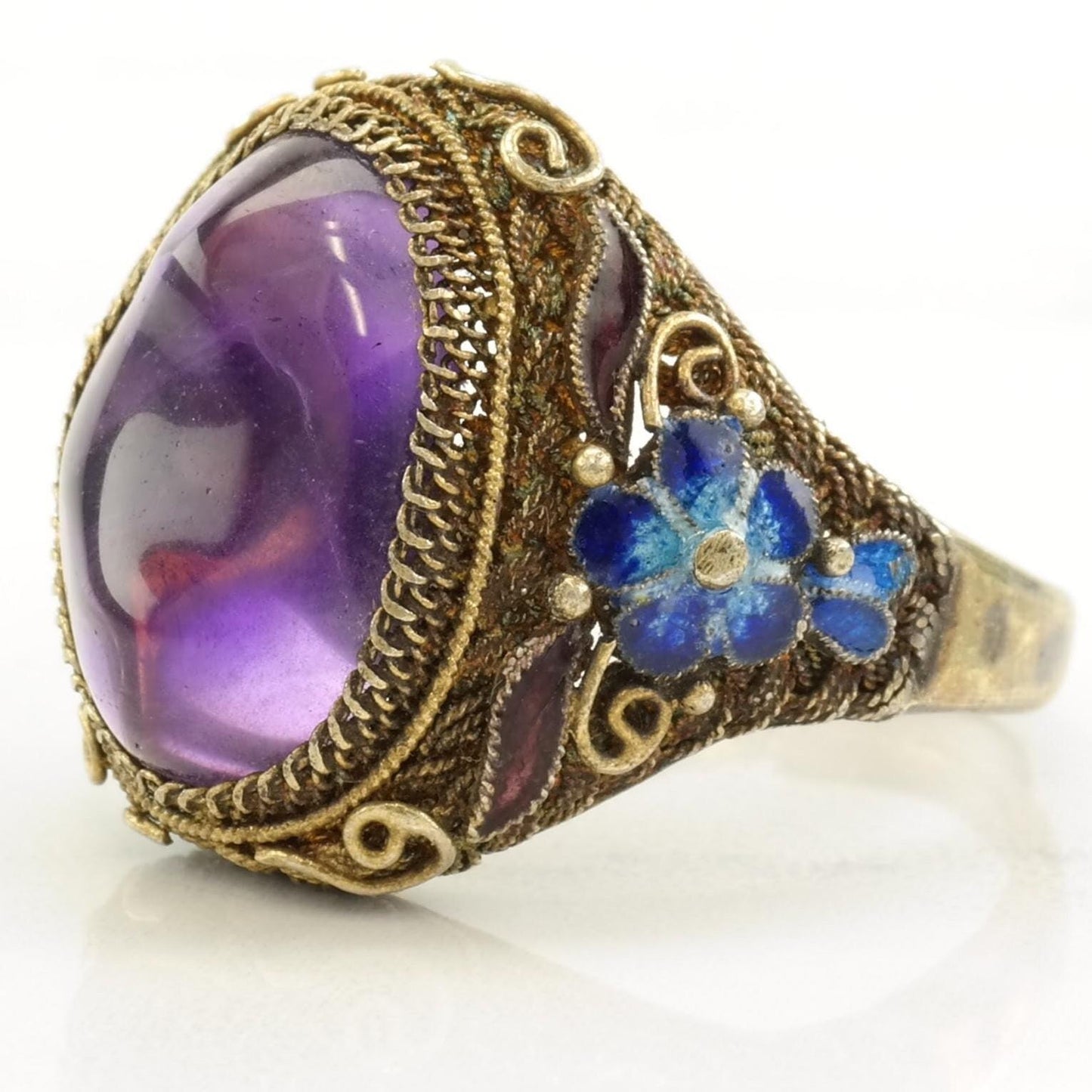 Vintage Sterling Silver Ring Amethyst Enamel, Flower, Gold Tone Size 9 1/2