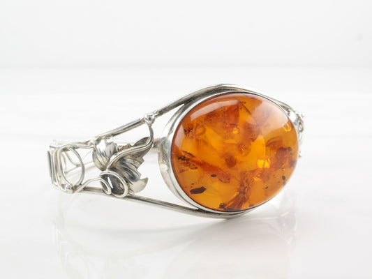 Modernist Sterling Silver Bangle Bracelet Orange Natural Amber