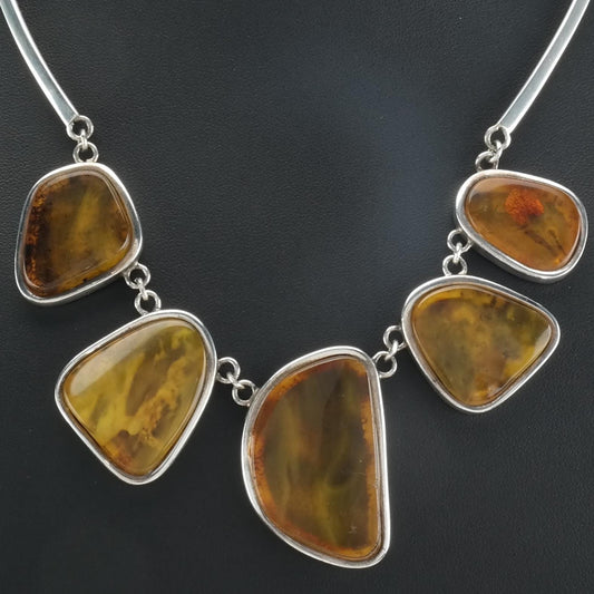 Vintage Sterling Silver Yellow Amber Necklace