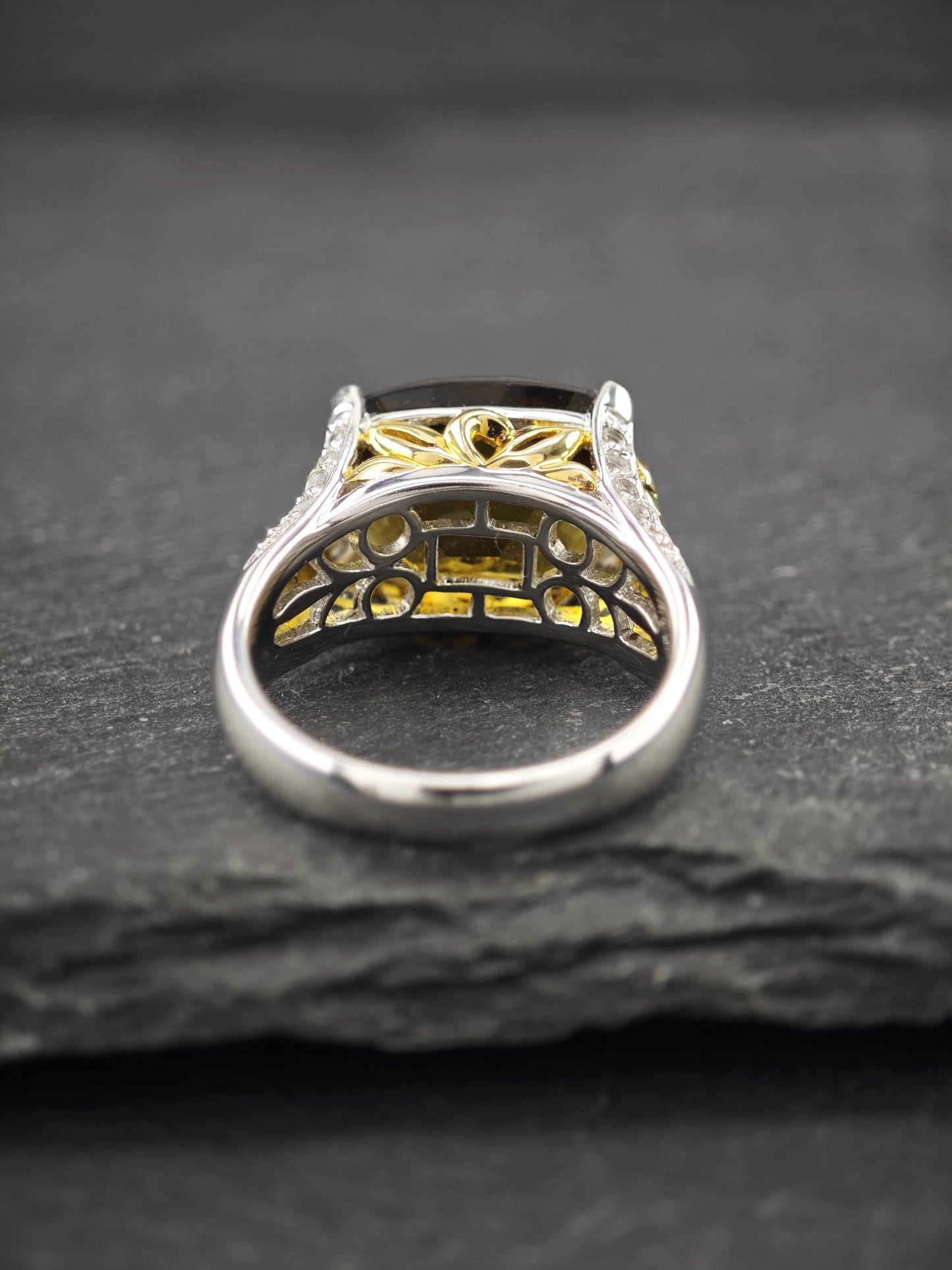 Duo Tone, Smoky Quartz & White Topaz Ring Sterling Silver